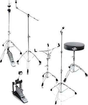 Griffin Complete Drum Hardware Pack 6 Piece Set Full Size Percussion Stand Kit with Snare, Hi-Hat, Cymbal Boom, Throne Stool & Single Kick Drum Pedal | Lightweight and Portable, Perfect for Gigs