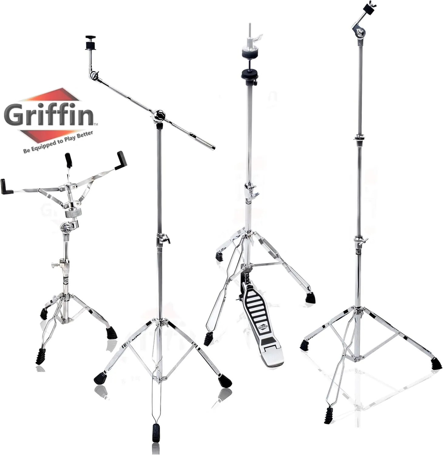 GRIFFIN Cymbal Stand Hardware Pack 4 Piece Set | Full Size Percussion Drum Hardware Kit with Snare Mount, Hi-Hat Pedal, Cymbal Boom, & Straight Cymbal Stand | Lightweight & Portable | Perfect for Gigs