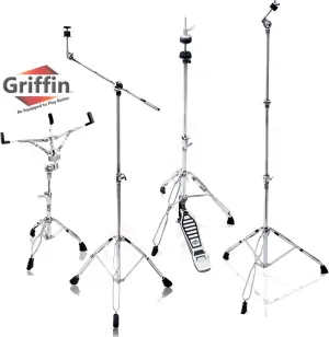 GRIFFIN Cymbal Stand Hardware Pack 4 Piece Set | Full Size Percussion Drum Hardware Kit with Snare Mount, Hi-Hat Pedal, Cymbal Boom, & Straight Cymbal Stand | Lightweight & Portable | Perfect for Gigs