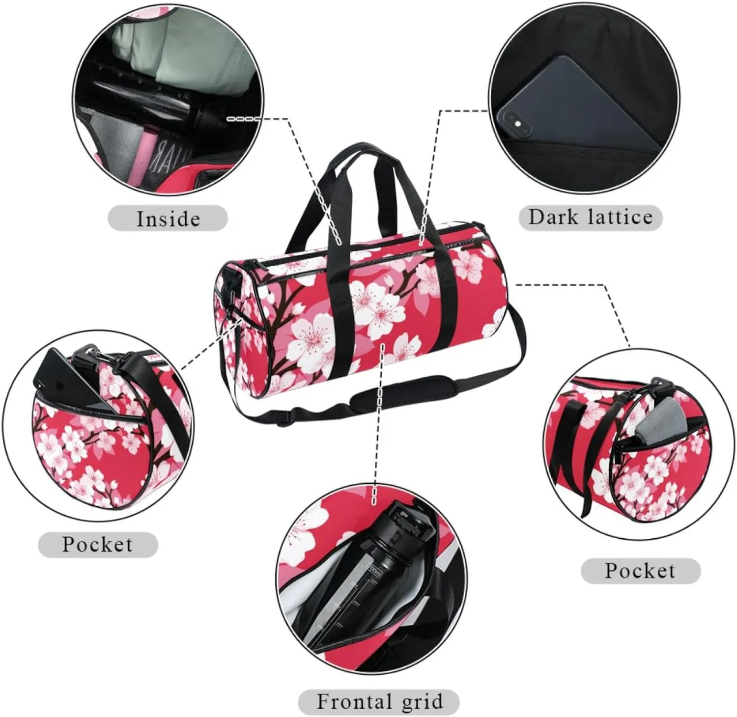 Gym Bag for Women,Small Gym Bag for Men,Cherry Blossoms,Overnight Bag