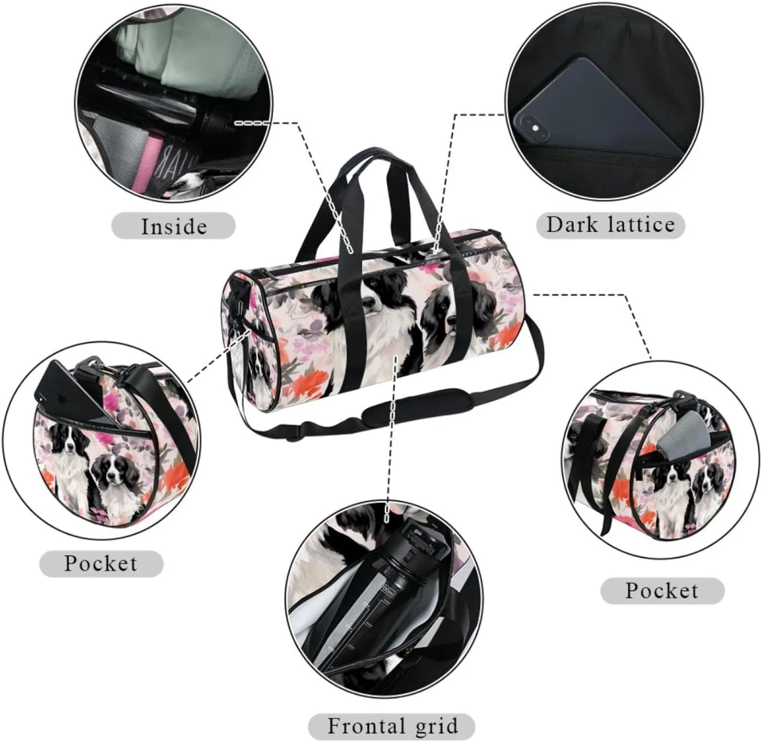 Gym Bag for Women,Small Gym Bag for Men,Dog Flower Pink Plant Floral,Overnight Bag