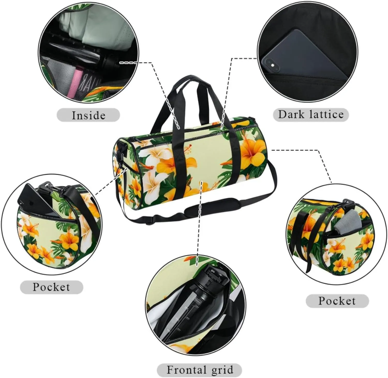 Gym Bag for Women,Small Gym Bag for Men,Tropical Leaves Yellow Flowers,Overnight Bag