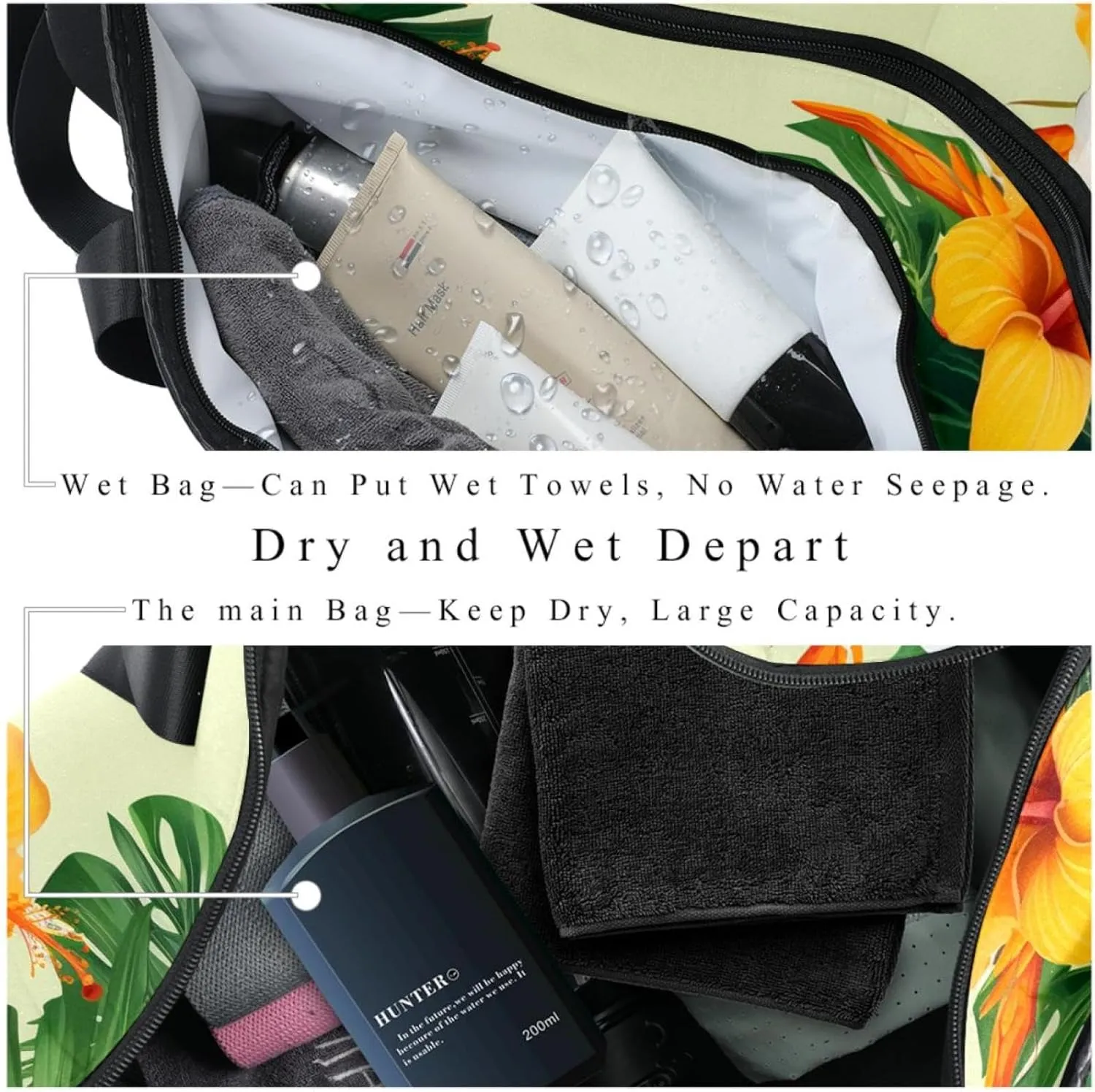 Gym Bag for Women,Small Gym Bag for Men,Tropical Leaves Yellow Flowers,Overnight Bag