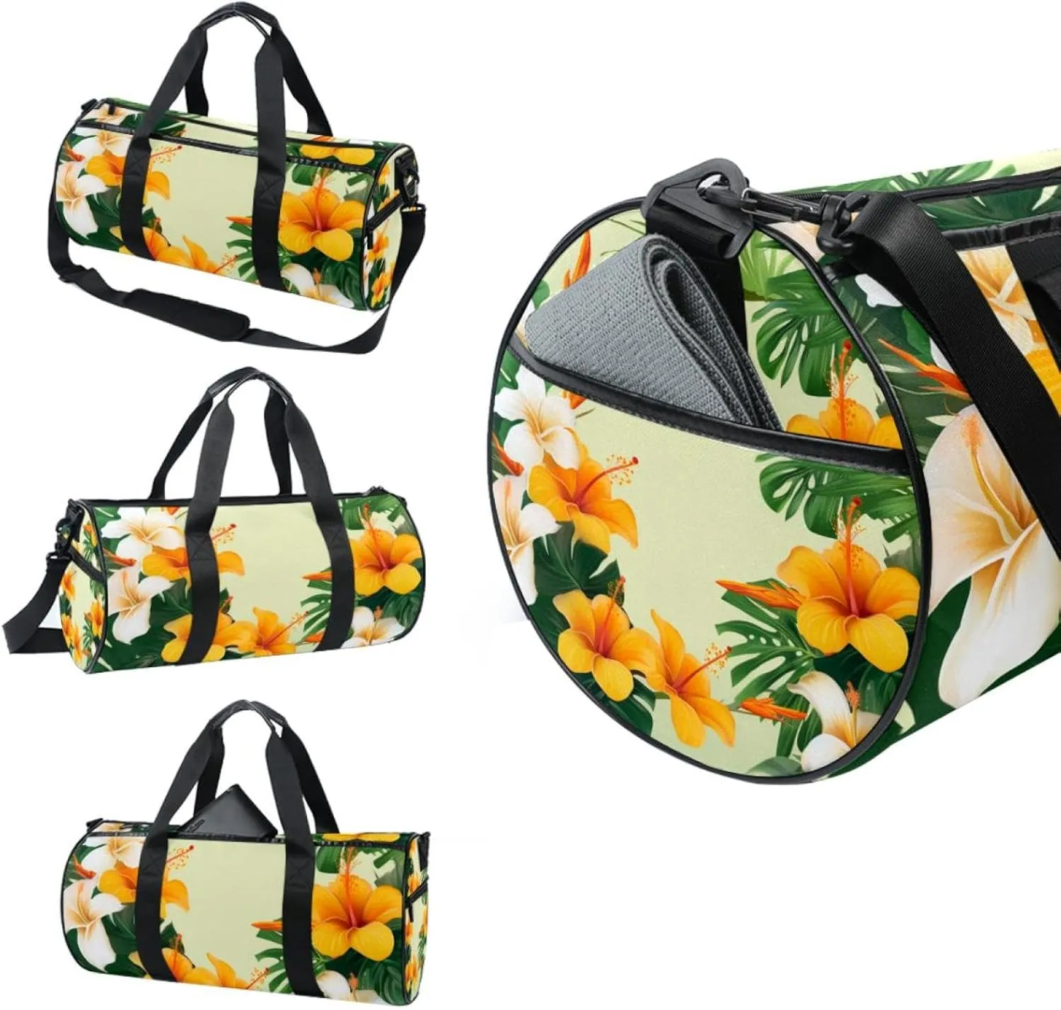 Gym Bag for Women,Small Gym Bag for Men,Tropical Leaves Yellow Flowers,Overnight Bag