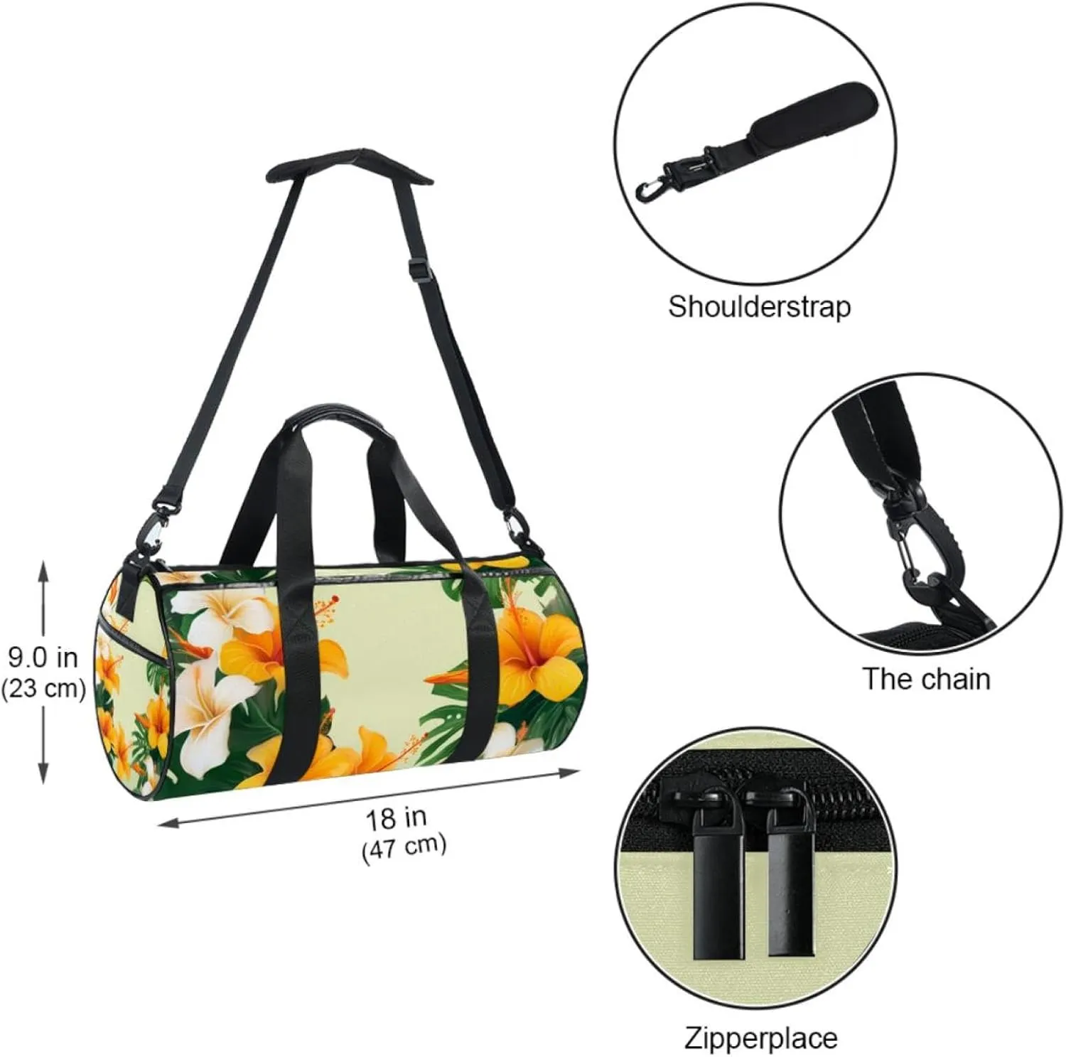 Gym Bag for Women,Small Gym Bag for Men,Tropical Leaves Yellow Flowers,Overnight Bag