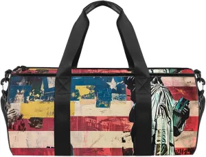 Gym Bag for Women,Small Gym Bag for Men,Vintage American Flag Statue of Liberty,Overnight Bag