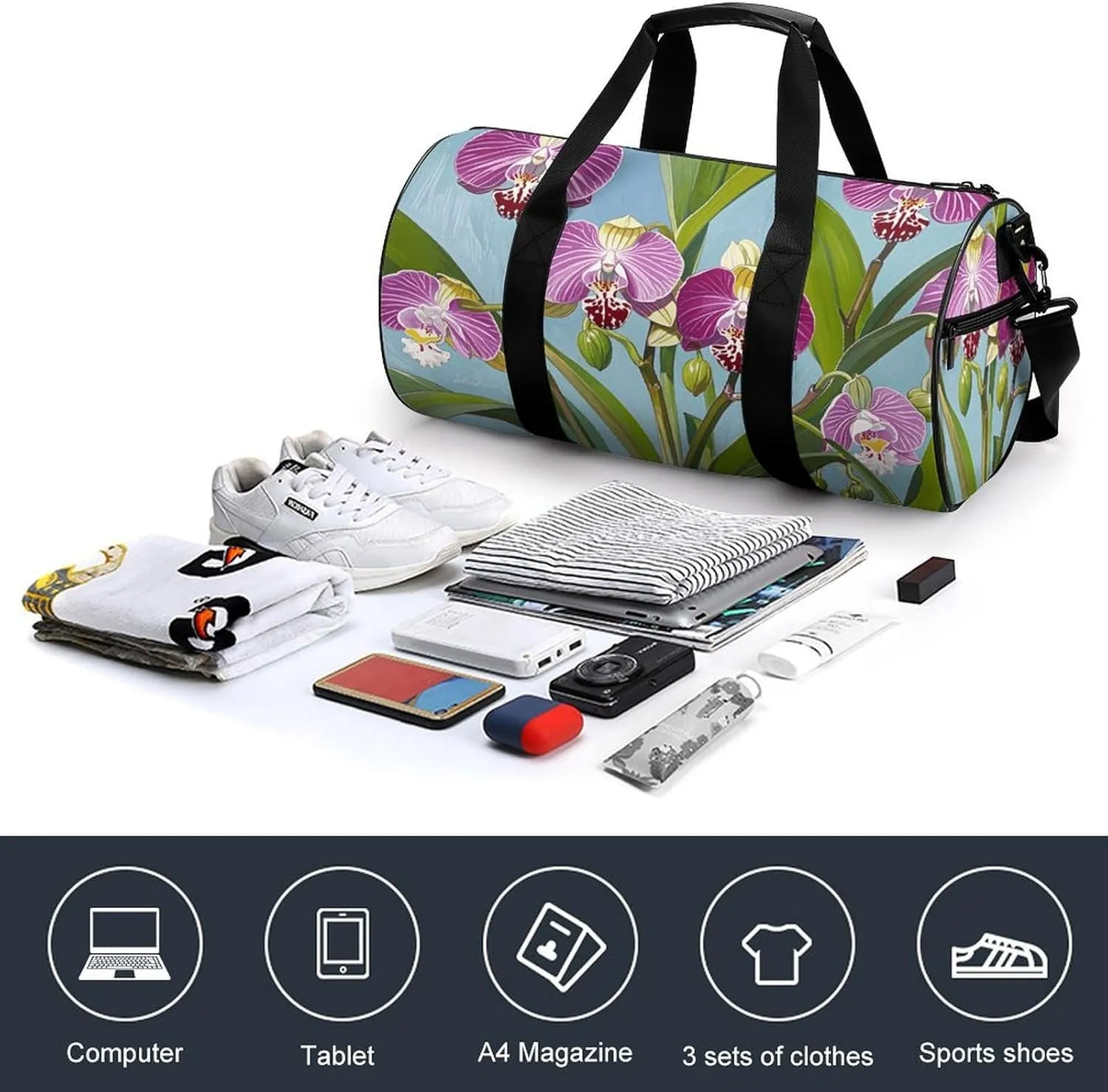 Gym Bags Small Bell Orchid Pattern Duffel Bag Overnight Bag with Shoe Compartment Carryon Bag for Men Women
