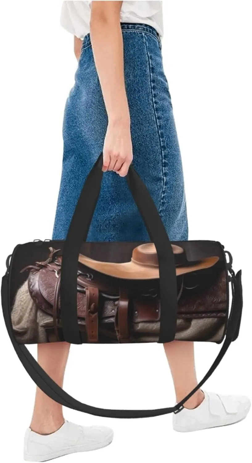 Gym Bags Small Horse Saddle with Cowboy Hat Duffel Bag Overnight Bag with Shoe Compartment Carryon Bag for Men Women