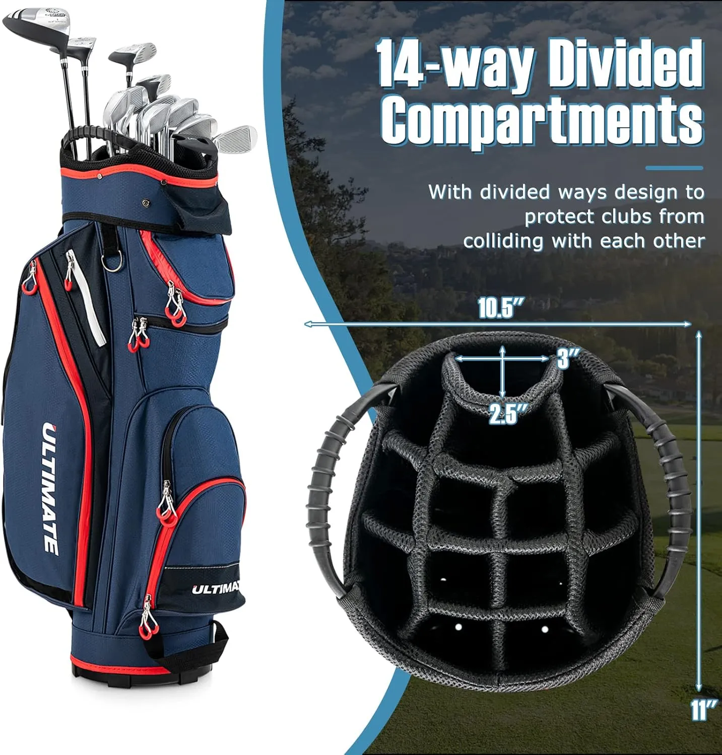 GYMAX Golf Bag, 14 Way Divider Golf Cart Bag with Rain Hood & Cooler Bag, Waterproof Golf Club Bag for Men & Women, Portable Lightweight Golf Bag