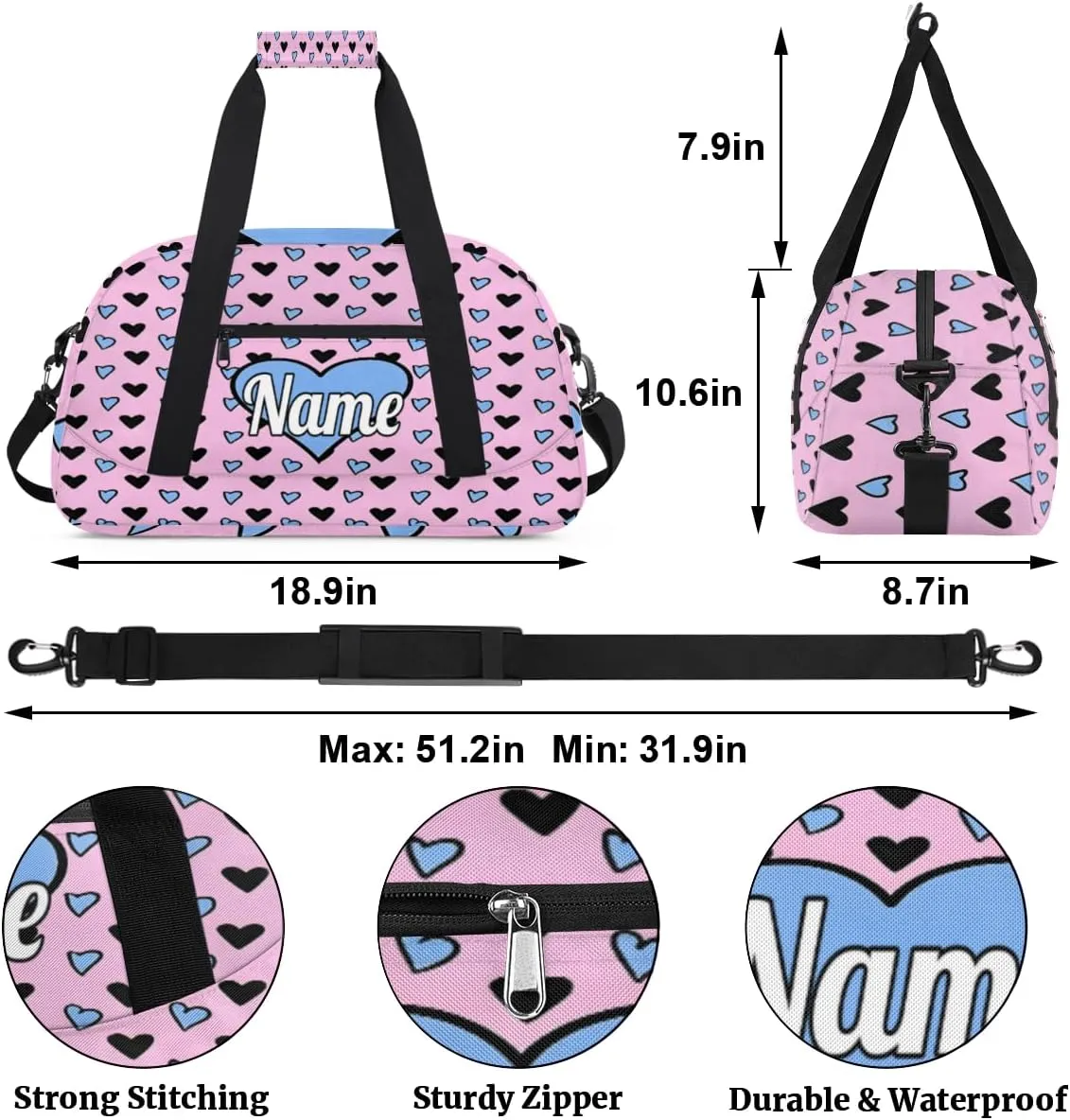Hand-Drawing Love Hearts Custom Sports Gym Bag Personalized Dance Bag Teens Travel Weekender Overnight Carry On Bag Boys Girls Waterproof