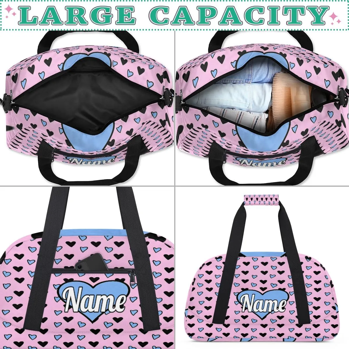 Hand-Drawing Love Hearts Custom Sports Gym Bag Personalized Dance Bag Teens Travel Weekender Overnight Carry On Bag Boys Girls Waterproof