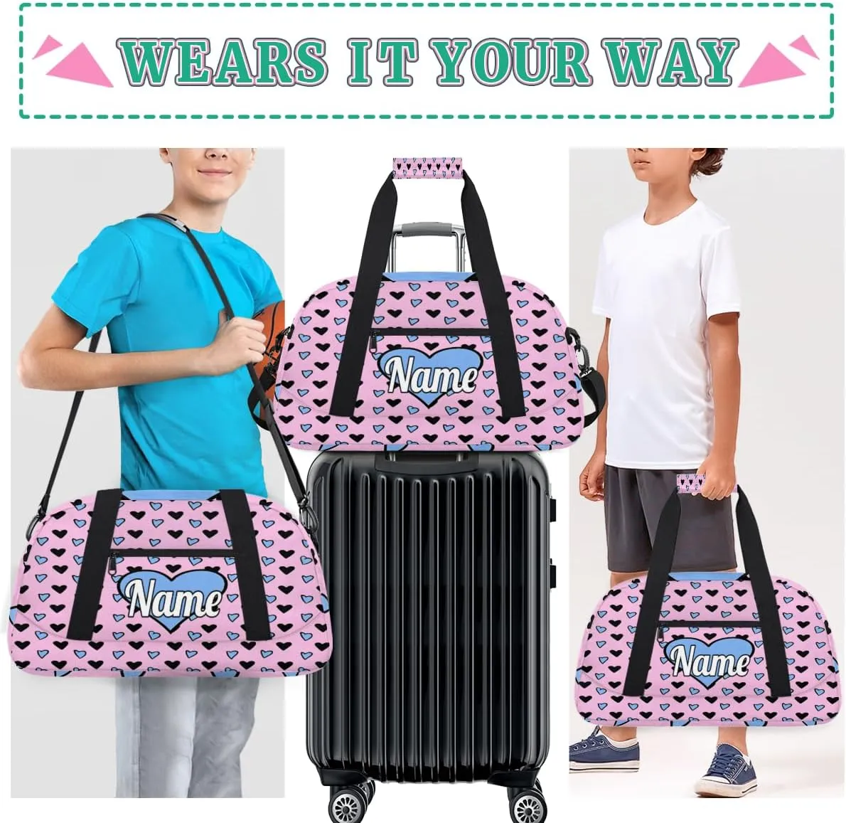 Hand-Drawing Love Hearts Custom Sports Gym Bag Personalized Dance Bag Teens Travel Weekender Overnight Carry On Bag Boys Girls Waterproof