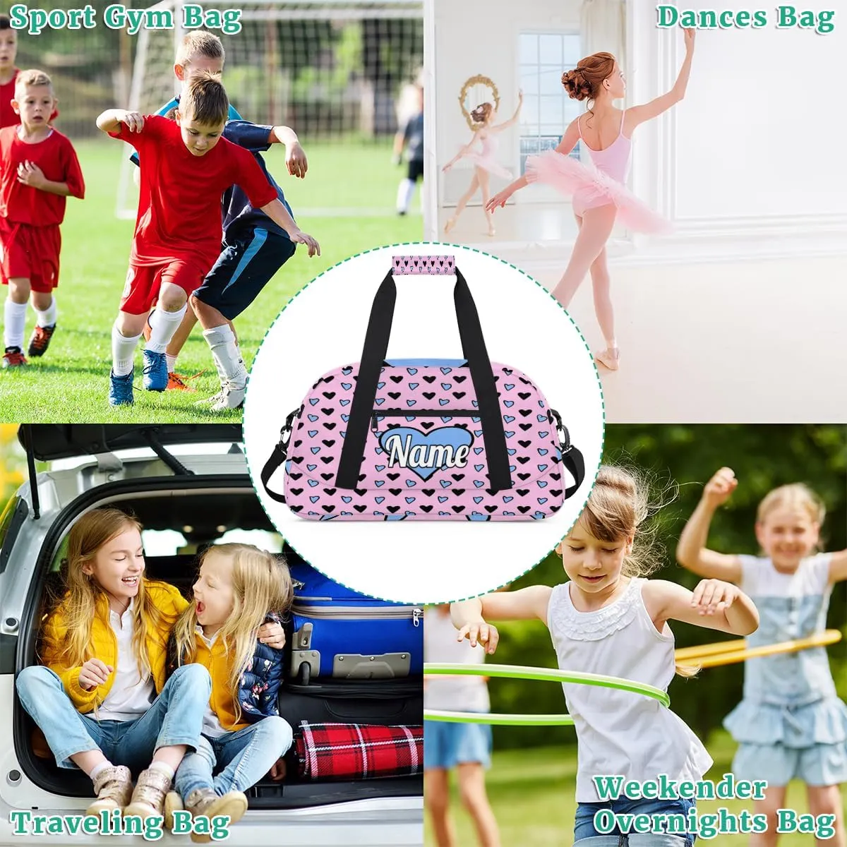 Hand-Drawing Love Hearts Custom Sports Gym Bag Personalized Dance Bag Teens Travel Weekender Overnight Carry On Bag Boys Girls Waterproof