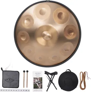 Handpan Drum 440Hz 10 Notes Hand Drum Instrument, 22 Inches D Minor Kurd Premium Stainless Steel Handpan Instrument for Adults Professional Tuning Hand pan (Gold)