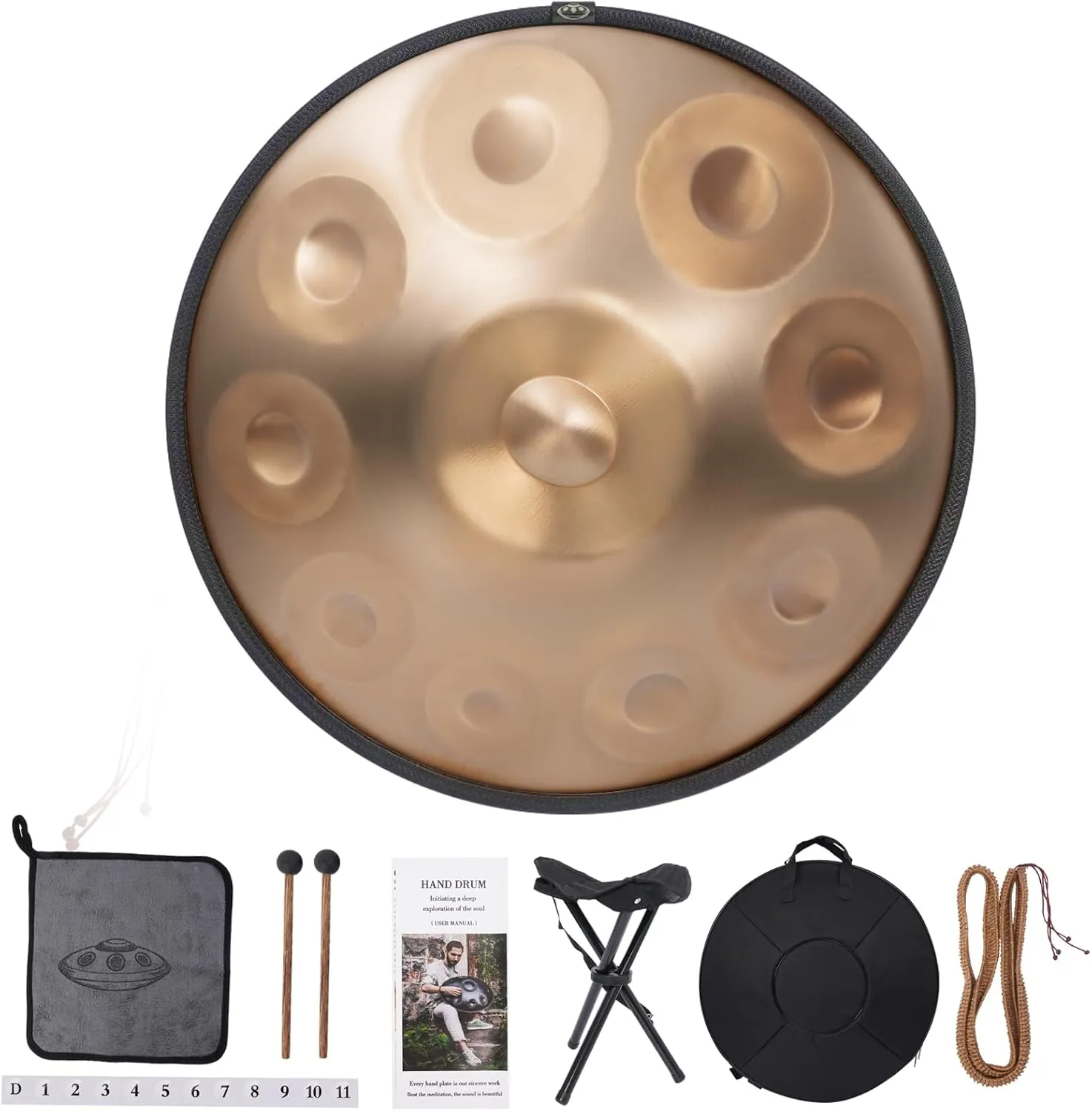 Handpan Drum 440Hz 10 Notes Hand Drum Instrument, 22 Inches D Minor Kurd Premium Stainless Steel Handpan Instrument for Adults Professional Tuning Hand pan (Gold)