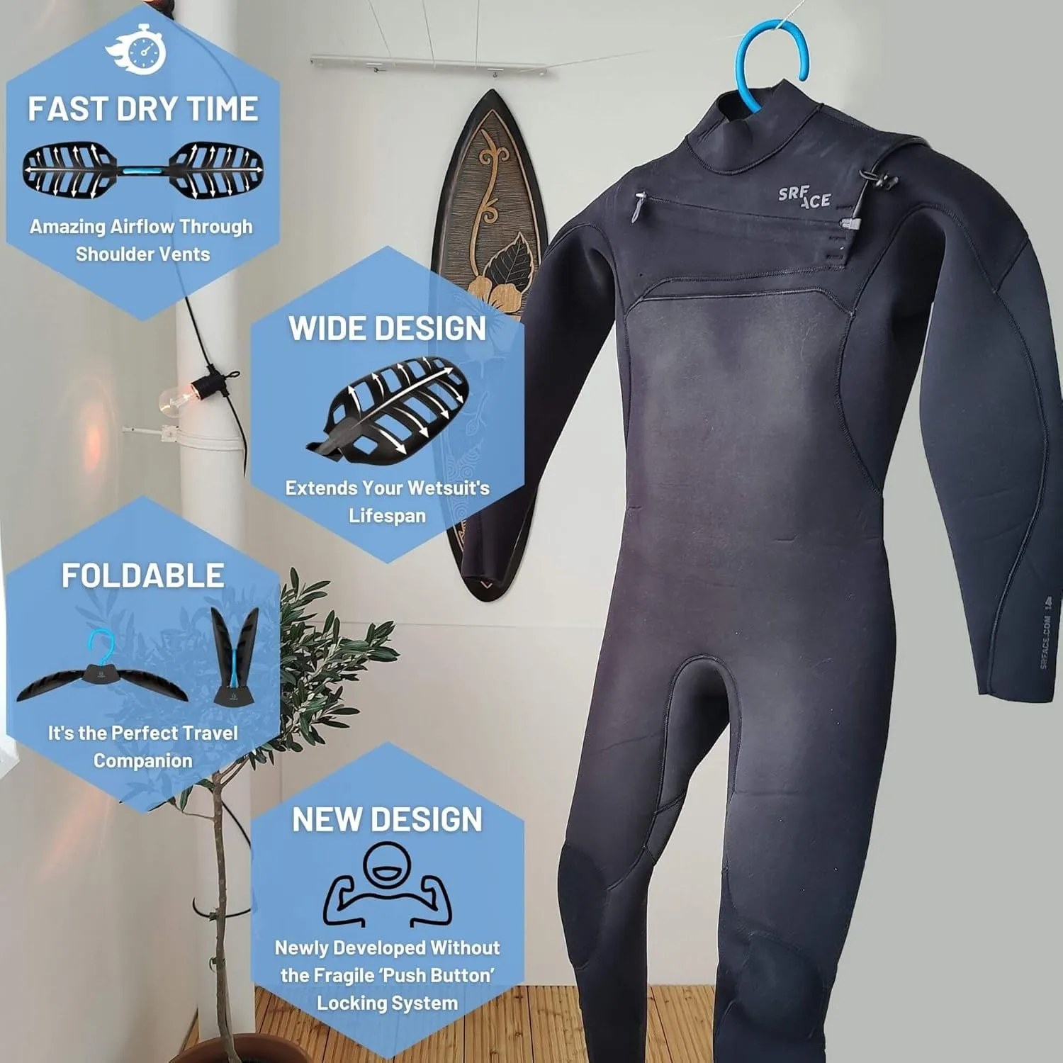 Hang 11 Wetsuit Hanger - Ultimate Wetsuit Hangers for Surfers, Improves Your Wet Suit Longevity, Quick Dryer, Ideal for Scuba Diving Gear Drysuit & BCD, Surfing Accessories, Surfing Gifts (Blue)