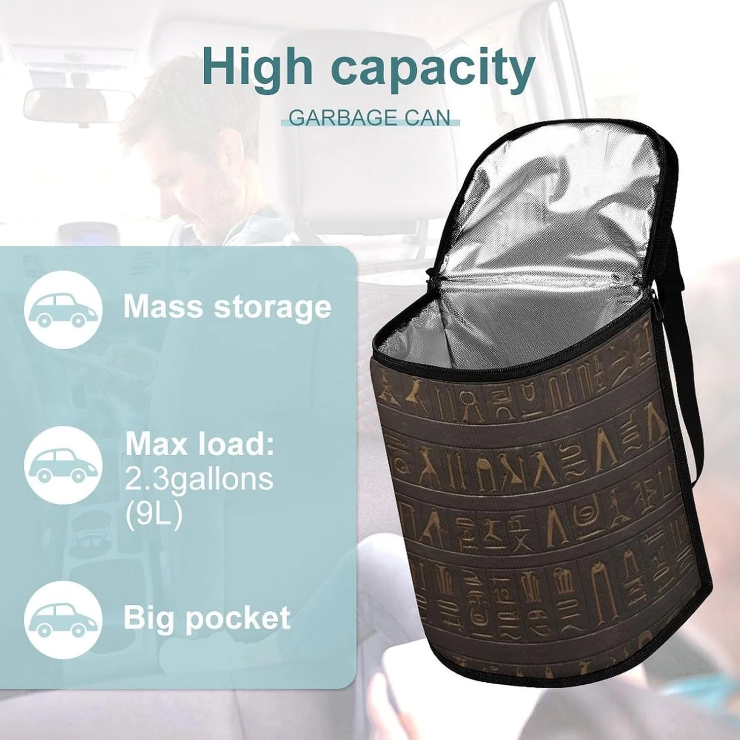 Hanging Car Garbage Bag Ancient Egyptian Hieroglyph Portable Car Trash Bag for Car SUV Truck