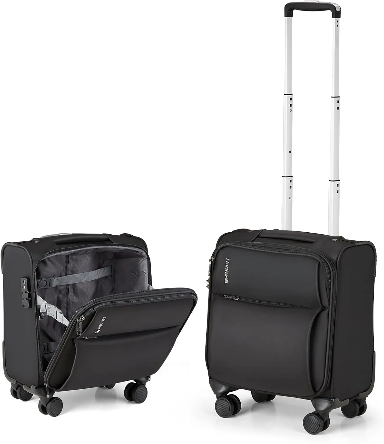 Hanke 16 Inch Underseat Carry On Luggage with Spinner Wheels for Airline, Small Softside TSA Approved Luggage Lightweight Rolling Suitcases Under Seat Travel Carry-On Bag(Black)