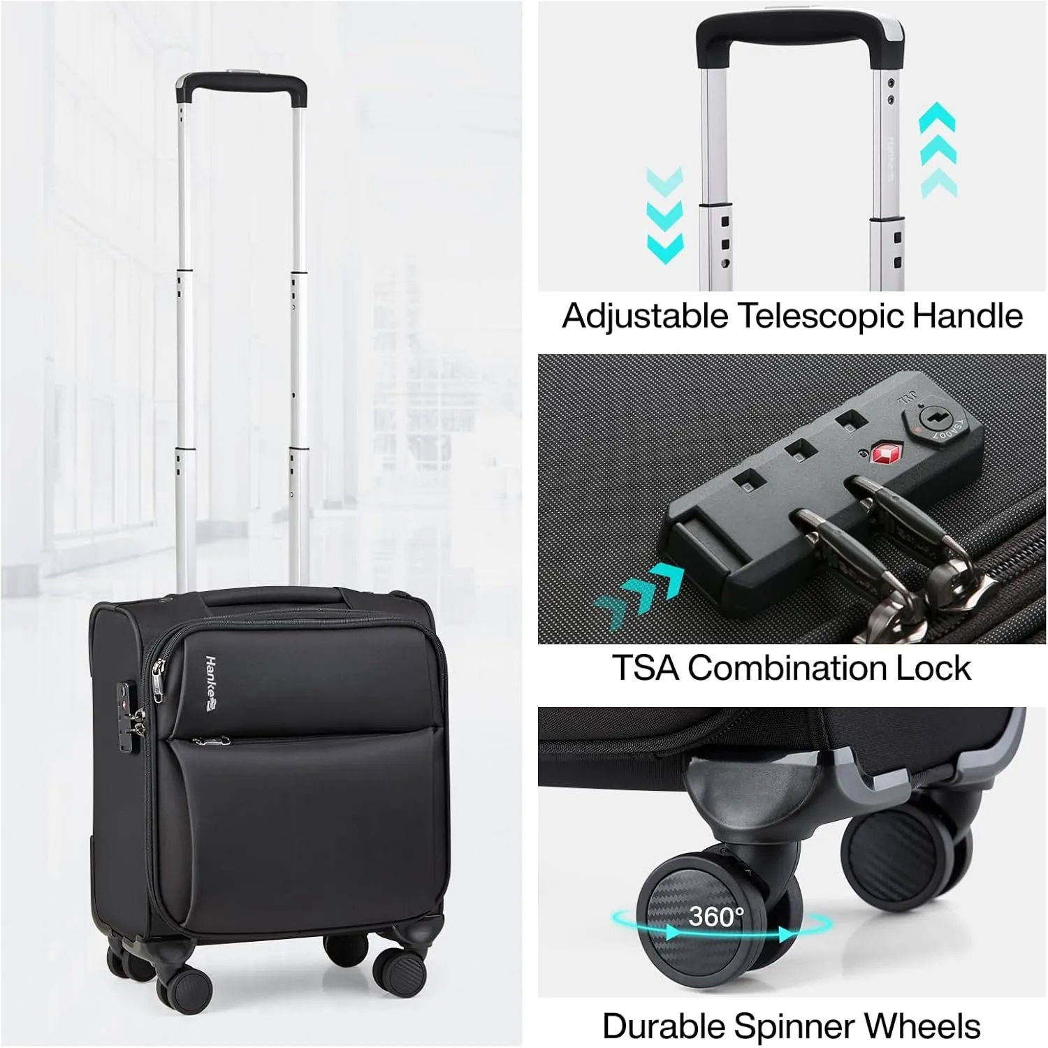 Hanke 16 Inch Underseat Carry On Luggage with Spinner Wheels for Airline, Small Softside TSA Approved Luggage Lightweight Rolling Suitcases Under Seat Travel Carry-On Bag(Black)