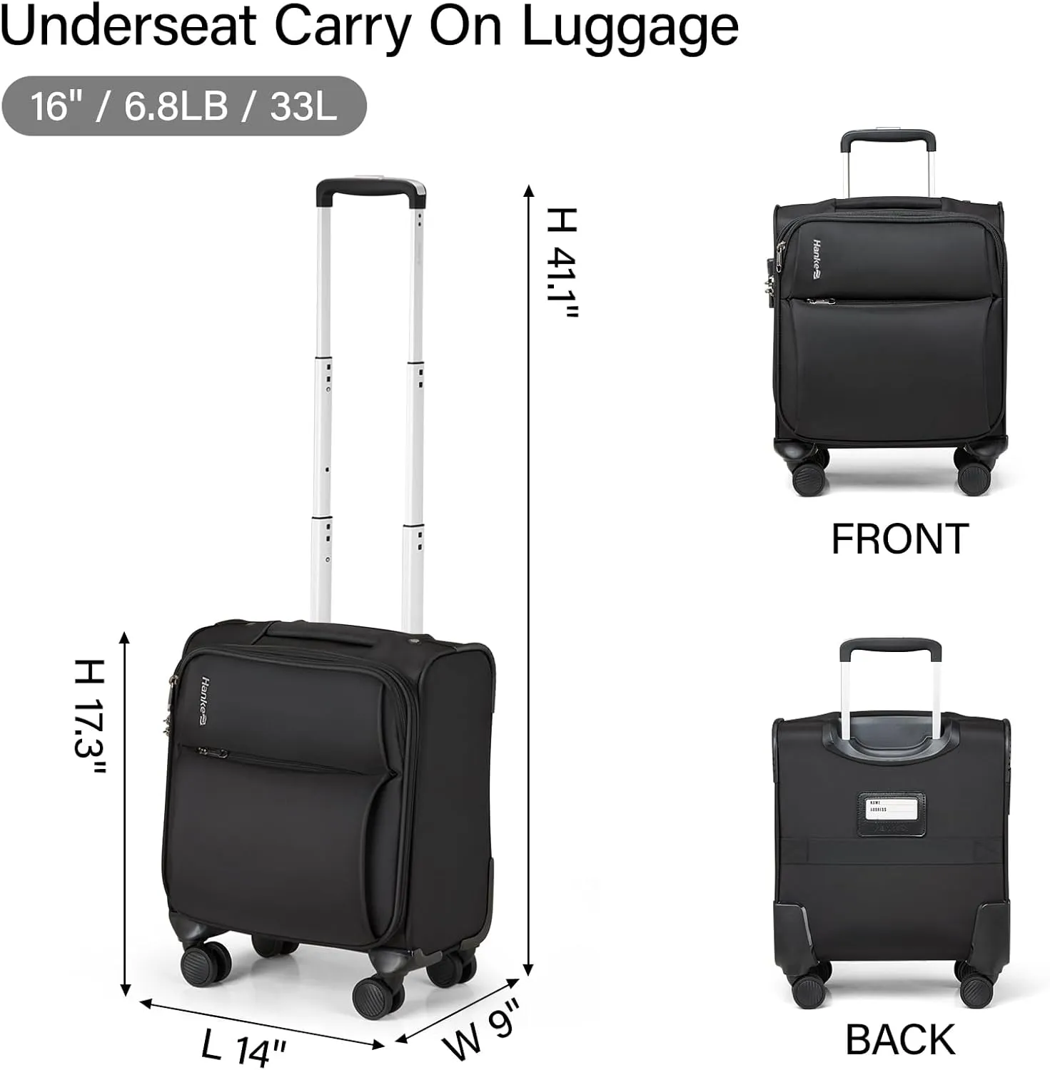 Hanke 16 Inch Underseat Carry On Luggage with Spinner Wheels for Airline, Small Softside TSA Approved Luggage Lightweight Rolling Suitcases Under Seat Travel Carry-On Bag(Black)