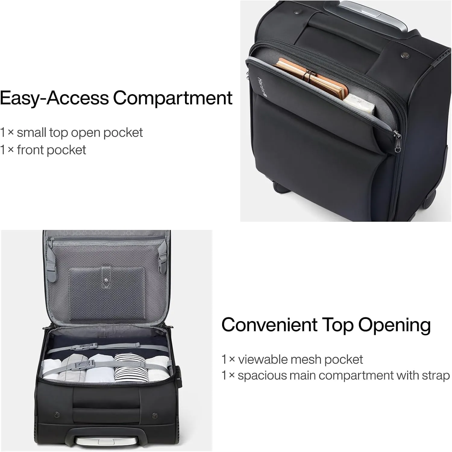Hanke 16 Inch Underseat Carry On Luggage with Spinner Wheels for Airline, Small Softside TSA Approved Luggage Lightweight Rolling Suitcases Under Seat Travel Carry-On Bag(Black)