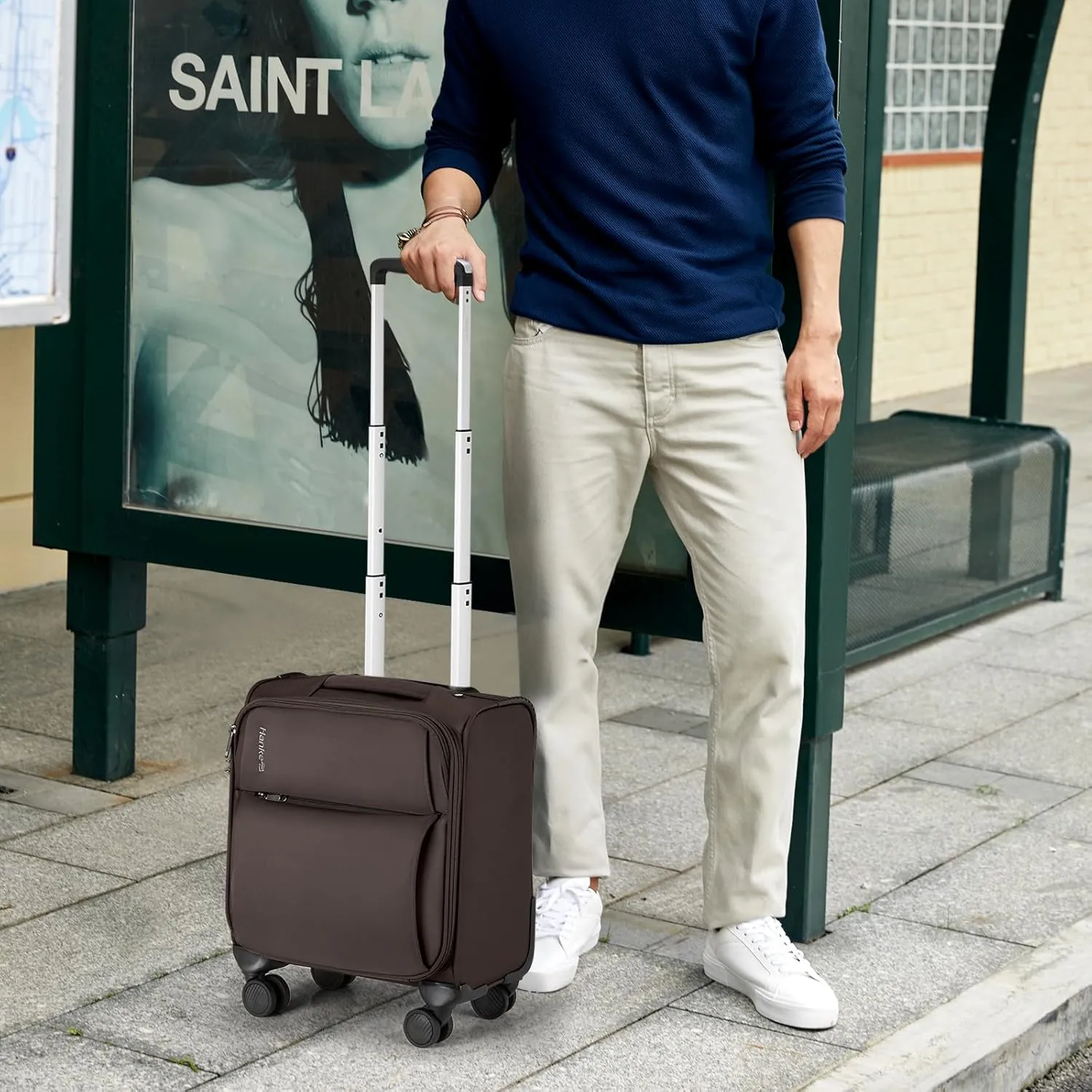 Hanke 16 Inch Underseat Carry On Luggage with Spinner Wheels for Airline, Small Softside TSA Approved Luggage Lightweight Rolling Suitcases Under Seat Travel Carry-On Bag(Coffee)