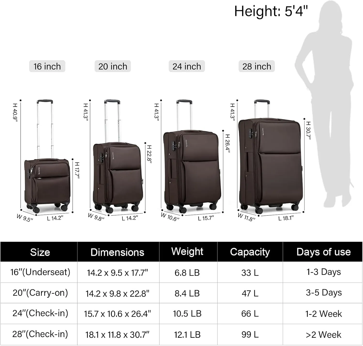 Hanke 16 Inch Underseat Carry On Luggage with Spinner Wheels for Airline, Small Softside TSA Approved Luggage Lightweight Rolling Suitcases Under Seat Travel Carry-On Bag(Coffee)