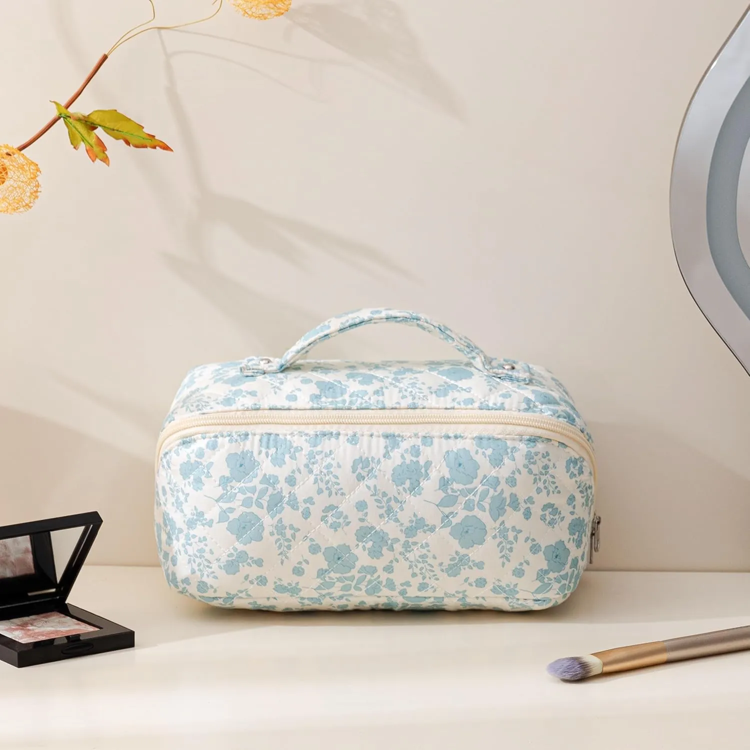 HBselect Quilted Makeup Bag, Portable Cotton Large Travel Makeup Bag, Portable Pouch Open Flat Toiletry Bag Make up Organizer with Divider and Handle