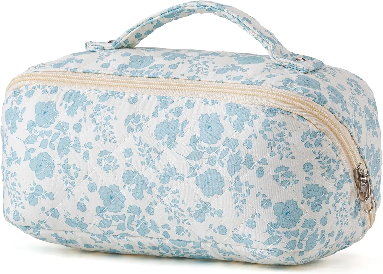 HBselect Quilted Makeup Bag, Portable Cotton Large Travel Makeup Bag, Portable Pouch Open Flat Toiletry Bag Make up Organizer with Divider and Handle