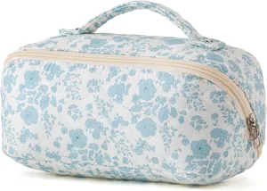HBselect Quilted Makeup Bag, Portable Cotton Large Travel Makeup Bag, Portable Pouch Open Flat Toiletry Bag Make up Organizer with Divider and Handle
