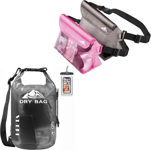 HEETA Waterproof Dry Bag for Women Men (Transparent Black 5L) Bundled with 2-Pack Waterproof Pouch with Waist Strap (Pink & Grey)
