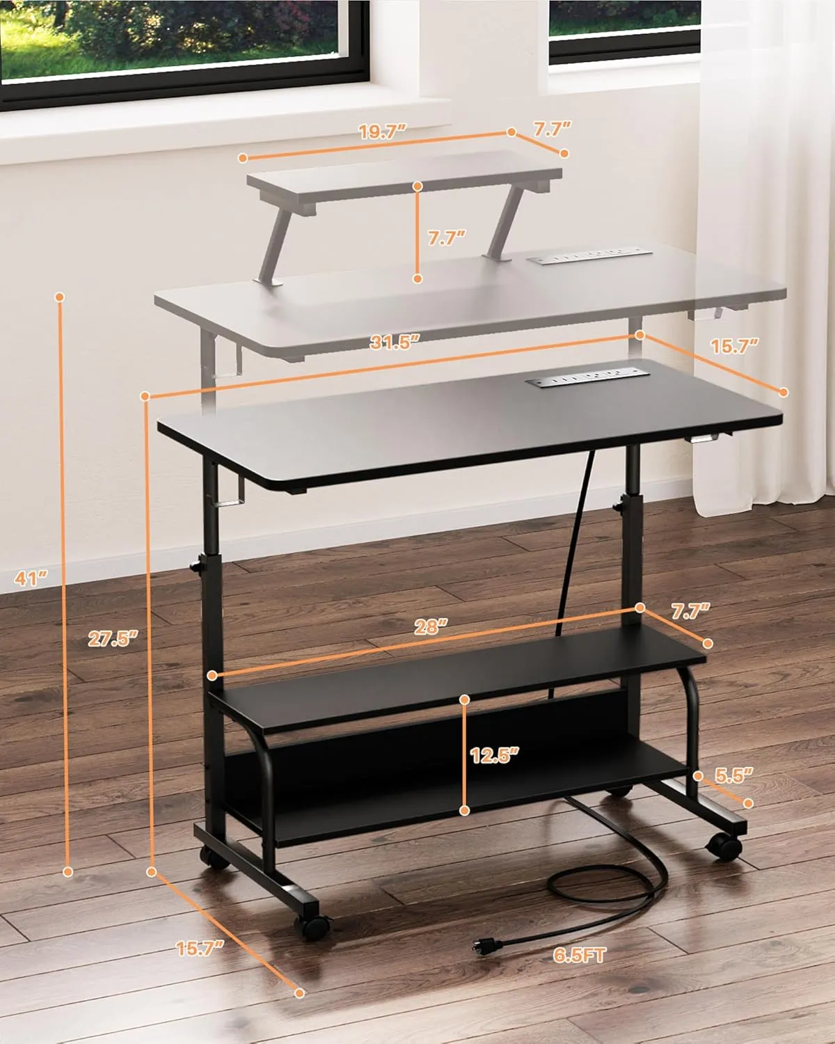 Height Adjustable Standing Desk with Power Outlets and LED Lights - 32" Manual Stand Up Desk with Monitor Stand and Storage Shelves Small Mobile Rolling Computer Desk Portable Laptop Table, Black