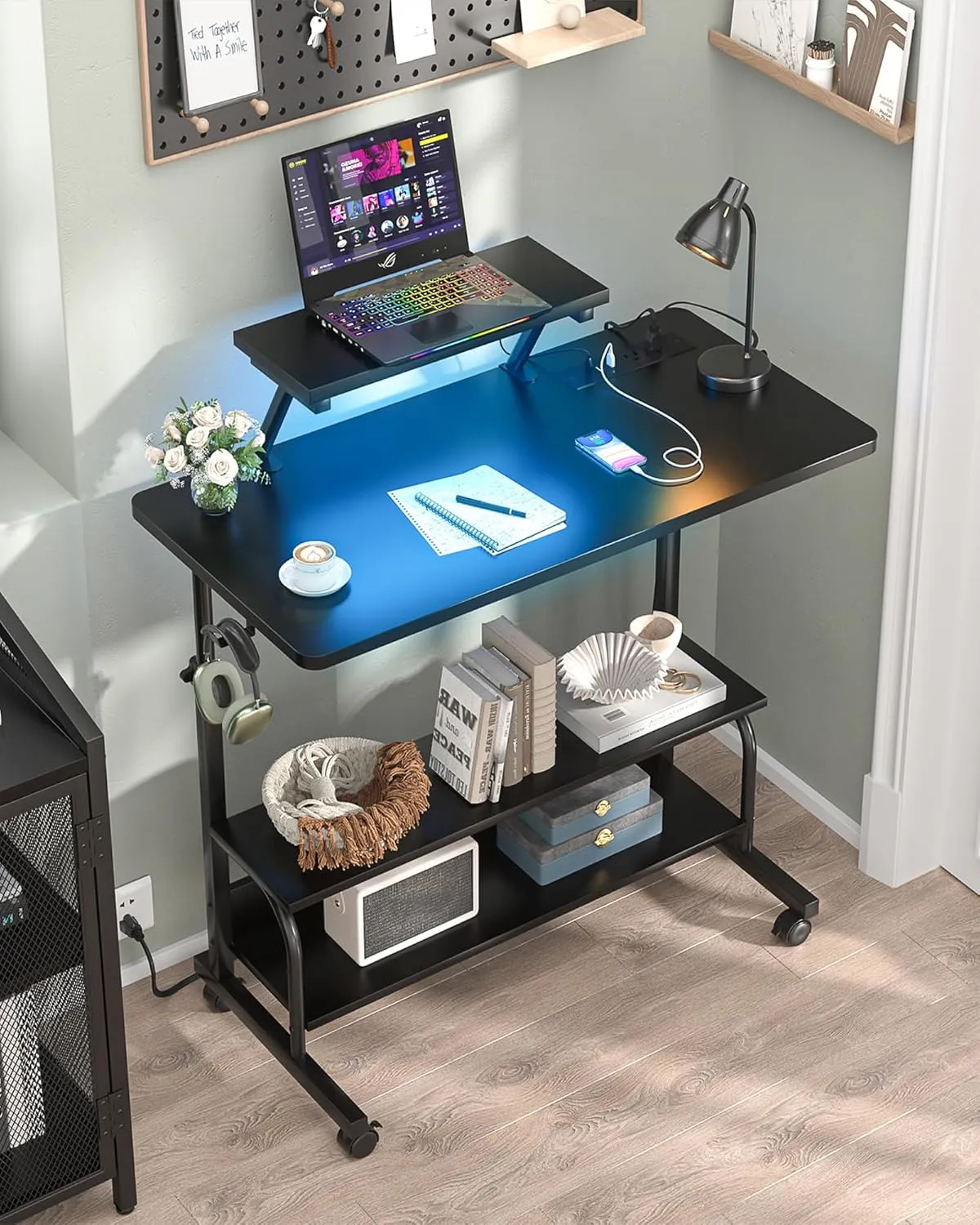 Height Adjustable Standing Desk with Power Outlets and LED Lights - 32" Manual Stand Up Desk with Monitor Stand and Storage Shelves Small Mobile Rolling Computer Desk Portable Laptop Table, Black