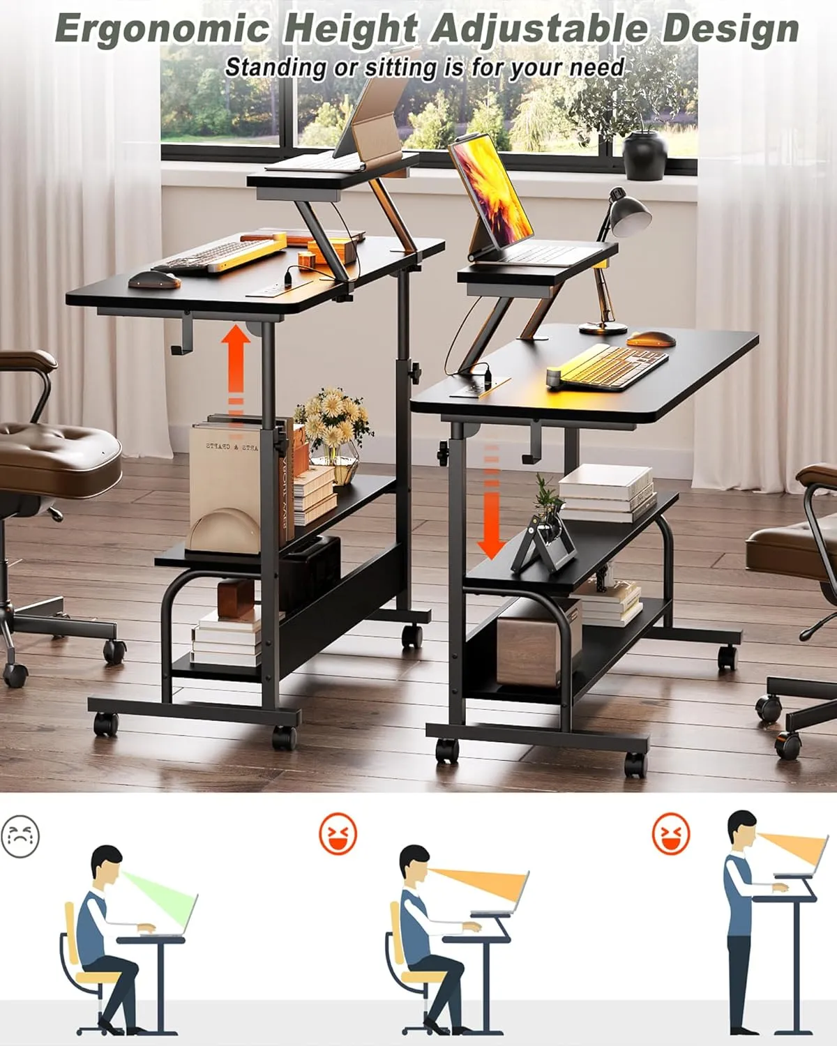 Height Adjustable Standing Desk with Power Outlets and LED Lights - 32" Manual Stand Up Desk with Monitor Stand and Storage Shelves Small Mobile Rolling Computer Desk Portable Laptop Table, Black