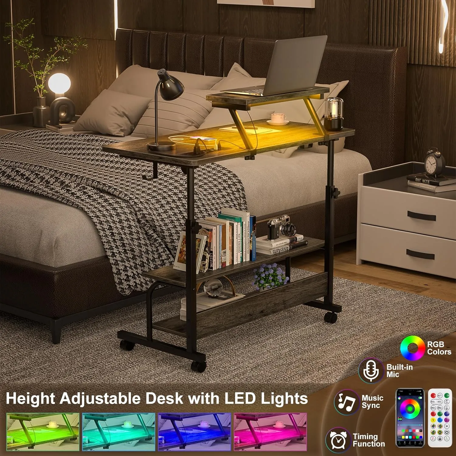 Height Adjustable Standing Desk with Power Outlets and LED Lights - 32" Manual Stand Up Desk with Monitor Stand and Storage Shelves Small Mobile Rolling Computer Desk Portable Laptop Table, Grey Oak