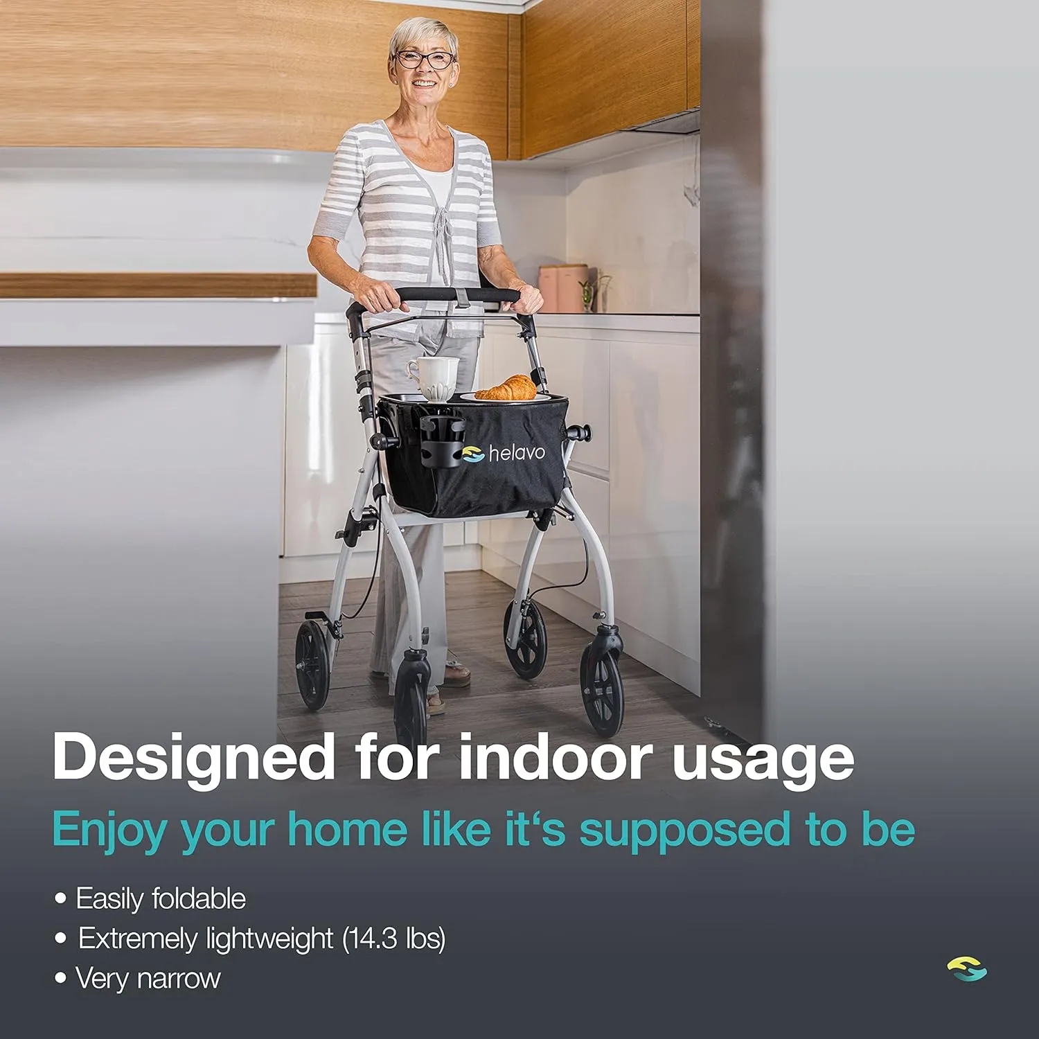Helavo Lightweight Foldable Narrow Walker for Small Spaces with Tray for Seniors, 23.6" Wide - Indoor Walker for Small Doorways, 8" Wheels, Height Adjustable, Easily Usable Brake