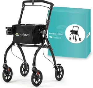 Helavo Lightweight Foldable Narrow Walker for Small Spaces with Tray for Seniors, 23.6" Wide - Indoor Walker for Small Doorways, 8" Wheels, Height Adjustable, Easily Usable Brake