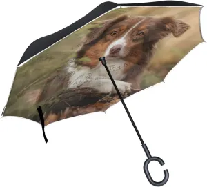 hengpai Australian Shepherd Dog Reverse Inverted Inside Out Umbrella Cars Unigue Windproof UV Proof Double Layer for Women