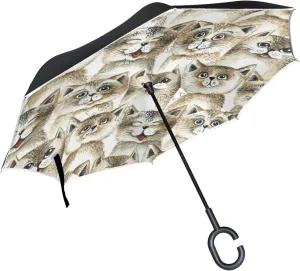 hengpai Brown Cat Smile Reverse Inverted Inside Out Umbrella Cars Unigue Windproof UV Proof Double Layer for Women