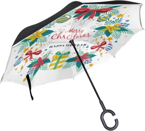 hengpai Christmas Wreath Gift Reverse Inverted Inside Out Umbrella Cars Unigue Windproof UV Proof Double Layer for Women