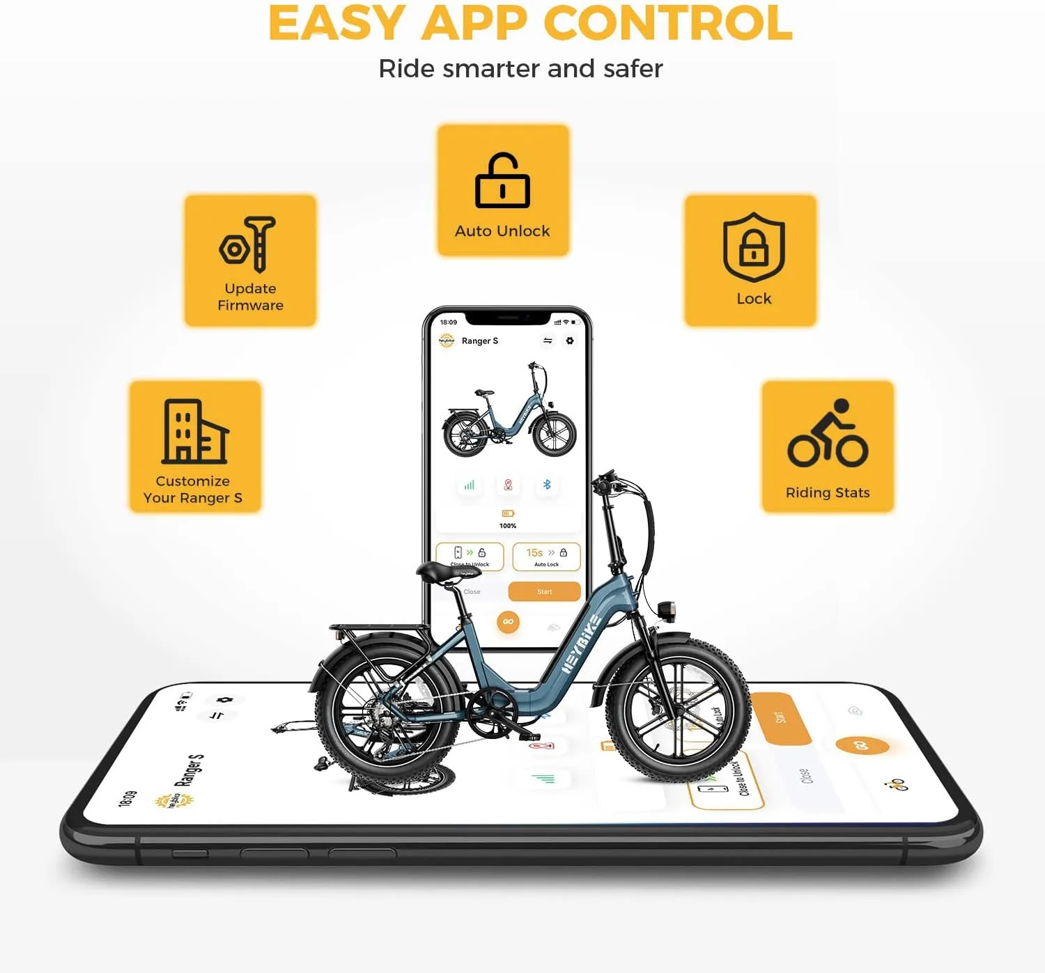 Heybike Ranger S Electric Bike for Adults, Foldable 1400W Peak Motor Ebike, 20" x 4.0" Fat Tire Step-Thru Electric Bicycle, 48V 14.4AH Removable Battery Commuter E Bike, 7-Speed Hydraulic Fork