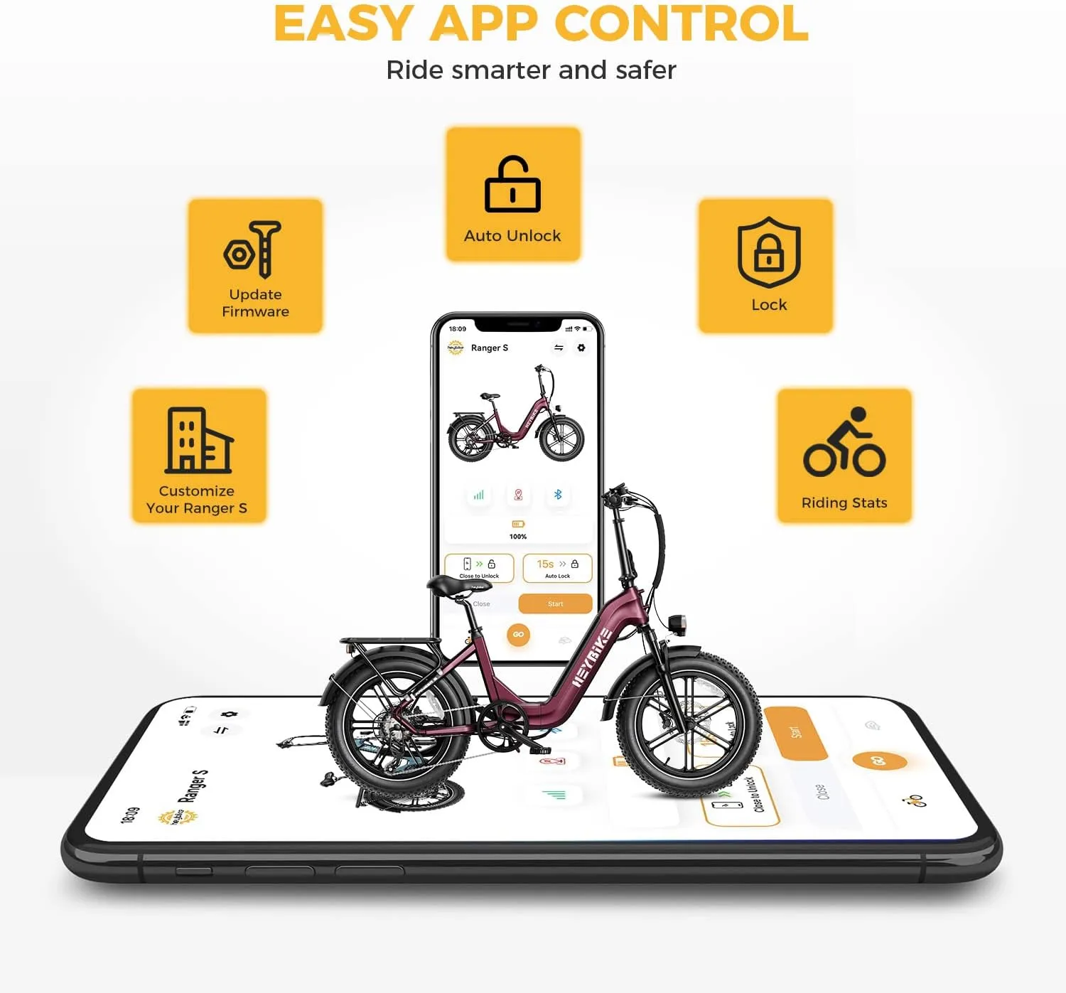 Heybike Ranger S Electric Bike for Adults, Foldable 1400W Peak Motor Ebike, 20" x 4.0" Fat Tire Step-Thru Electric Bicycle, 48V 14.4AH Removable Battery Commuter E Bike, 7-Speed Hydraulic Fork