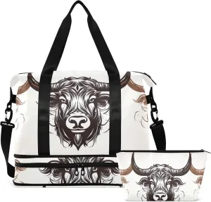 Highland Cow Highscottish Cattle Gym Bag for Women & Men,Duffel Bag with Shoe Pocket,Weekender Overnight Bag with Trolley Sleeve for Travel 21218091