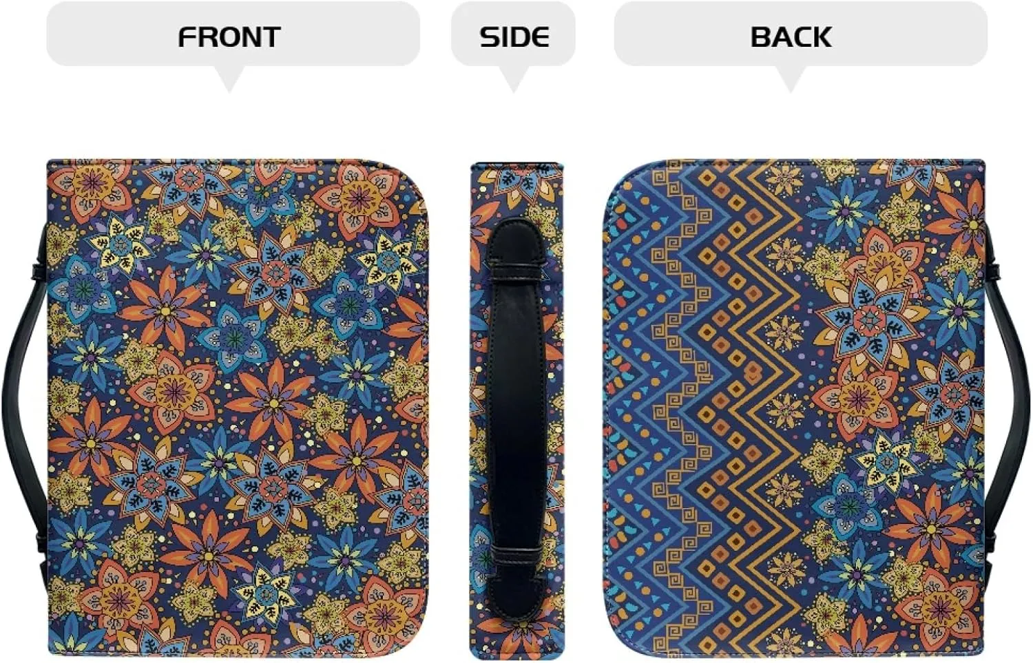 Hippie Floral PU Bible Cover Vintage Bohemian Bible Case for Women with Zipper, 6x9 Lightweight Church Bag
