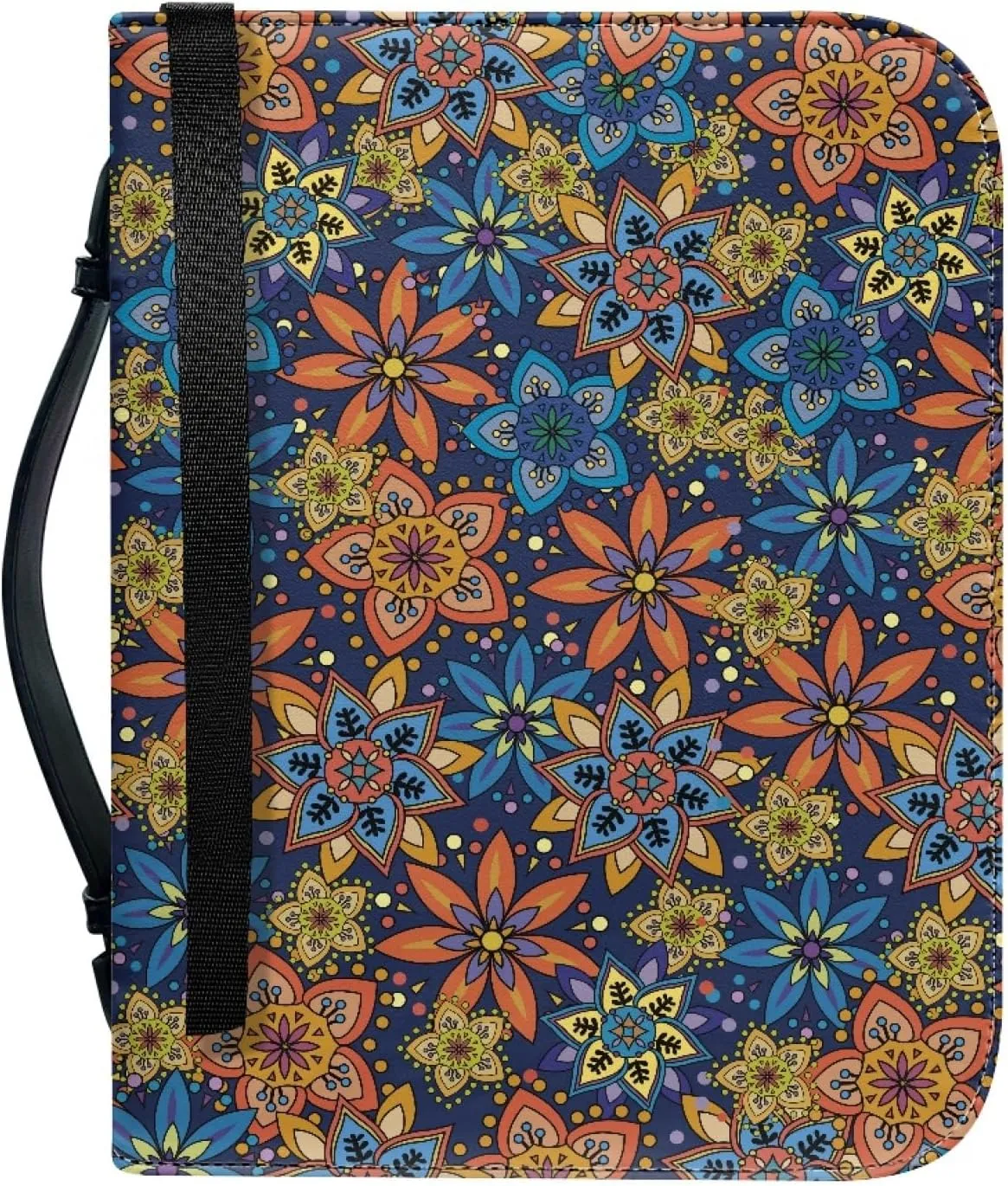 Hippie Floral PU Bible Cover Vintage Bohemian Bible Case for Women with Zipper, 6x9 Lightweight Church Bag
