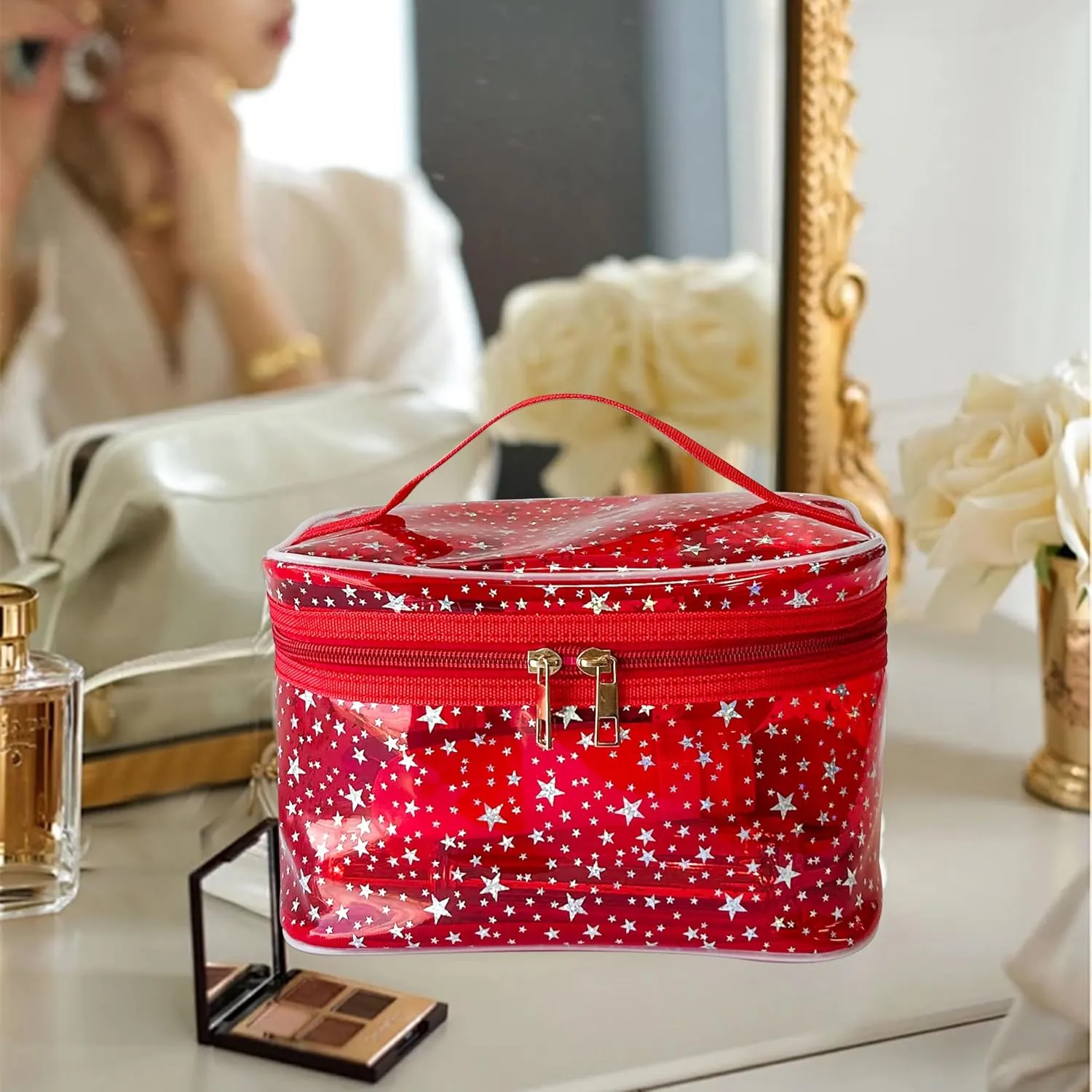 Holographic Makeup Bags Bulk,Clear Storage Bag Toiletry Pocket Portable Zippered Iridescent Pouch Waterproof Cosmetic Gift Bags for Women (Black-L)