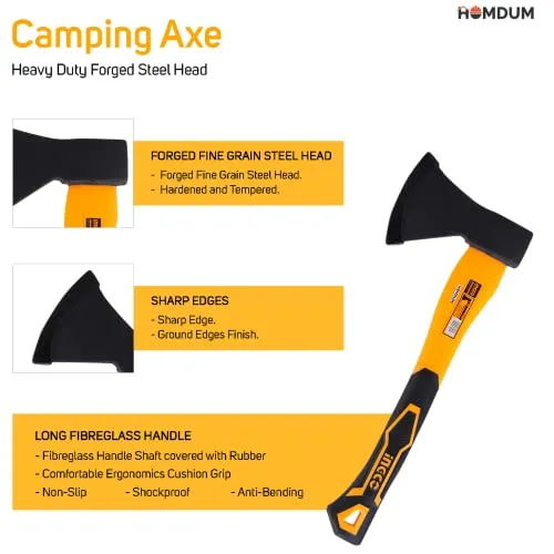 Homdum Camping Axe 1250g HAX02012508 Heavy Duty Forged Steel Head with 780 mm Fiberglass Rubberized Grip Handle for Perfect Strike Hatchet Hand Axe for Gardening Wood Cutting & Splitting