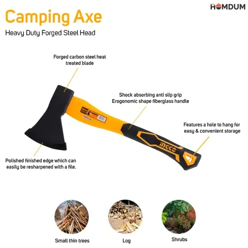 Homdum Camping Axe 1250g HAX02012508 Heavy Duty Forged Steel Head with 780 mm Fiberglass Rubberized Grip Handle for Perfect Strike Hatchet Hand Axe for Gardening Wood Cutting & Splitting