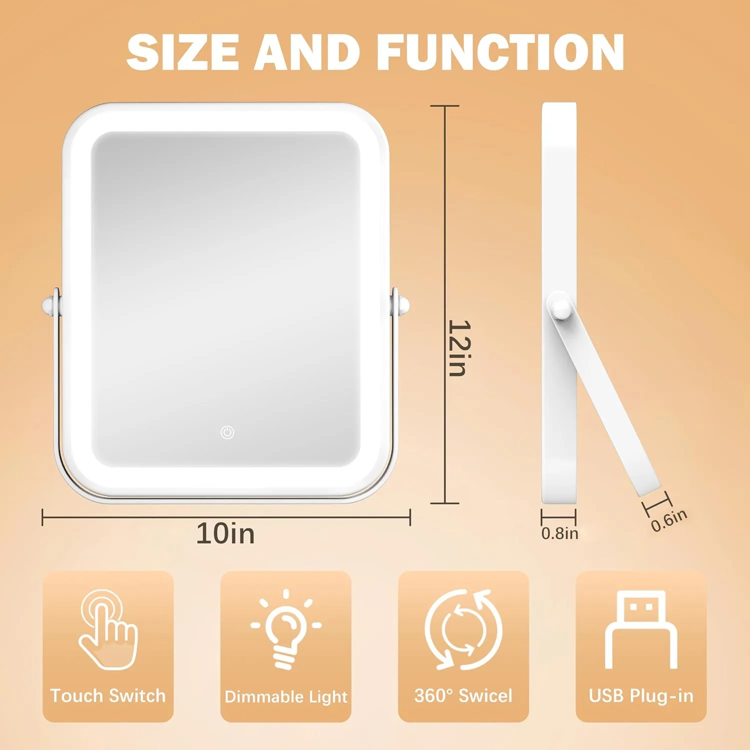 Home Mirror, 10x12 inches Lighted Vanity Makeup Mirror, Dimmable Touch Screen, Tabletop Mount, USB Plug-in, Adjustable, Portable