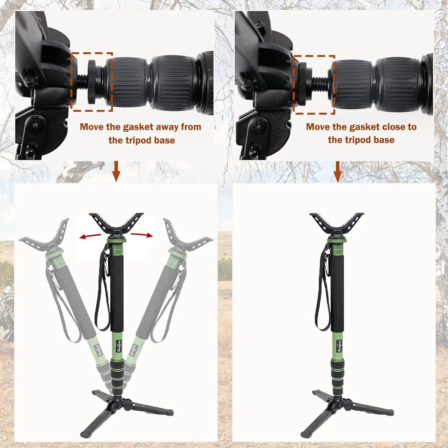HUNTPAL Hunting Monopod Shooting Stick Gun Rifle Rest Crossbow Shooting Rest with Tiltable and Horizontally Rotatable Tri-Stand Tripod Base, Matt Aluminum 21"-65" Shooting Stand with V Yoke Head